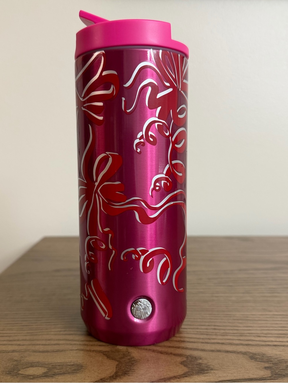 Starbucks Holiday Pink Red Silver Ribbon Bows 12 oz Tumbler, Hot/Cold